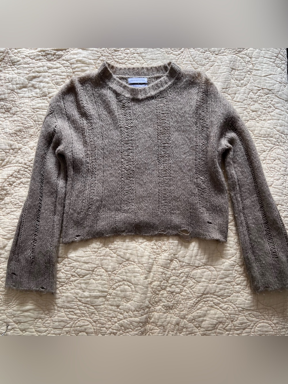 Urban Outfitters Taupe Cropped Crewneck Distressed Sweater